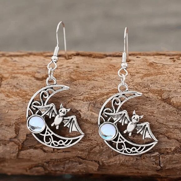 Moonstone Silver Vampire Bat Filigree Crescent Moon Dangle Earrings - Picture 2 of 5
